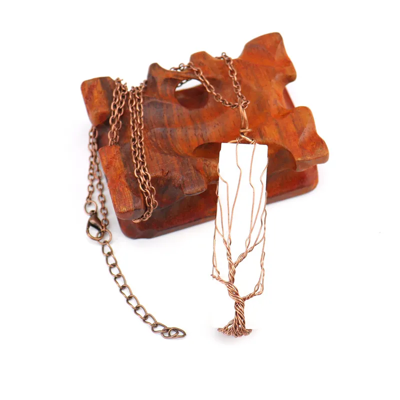 白いセレナイトネックレス銅線巻き生命の木癒しの宝石ペンダントネックレス