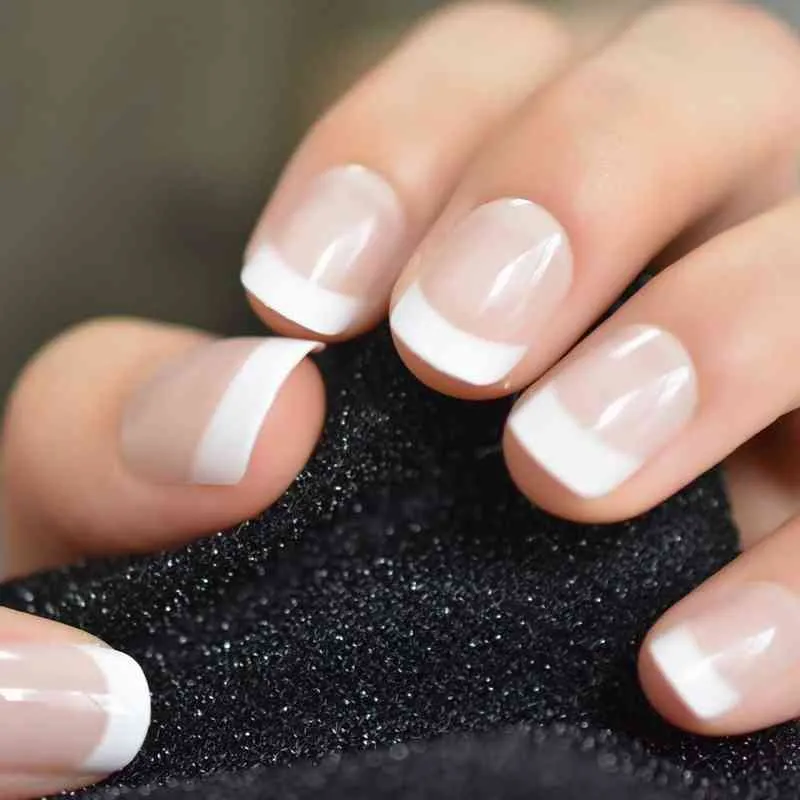 False Nails Summer Short Natural Nude White French Nail Tips Fake Gel Press on Ultra Easy Wear for Home Office 0616