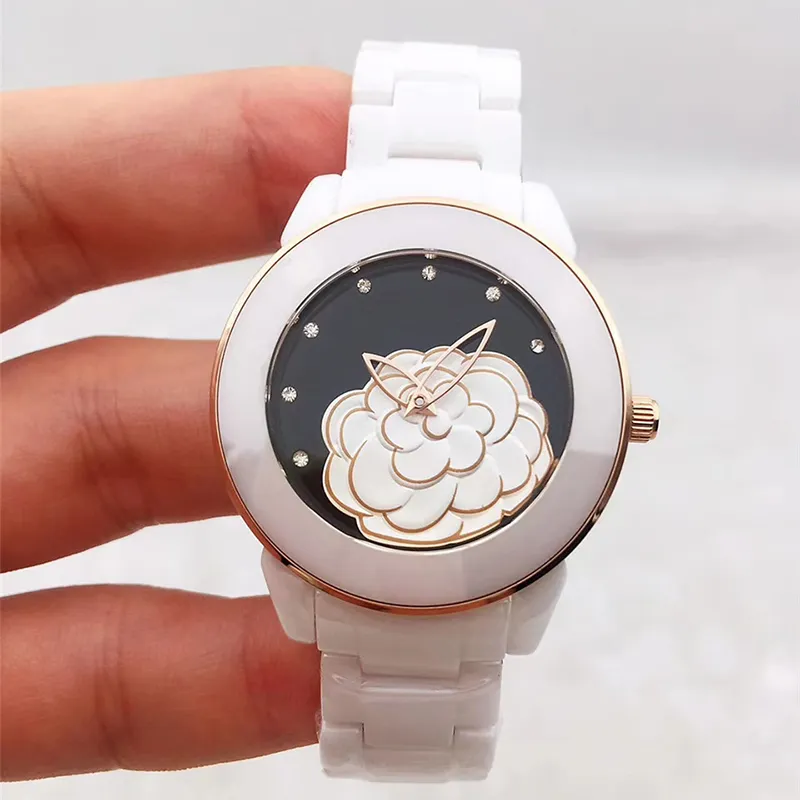 Relógio de cerâmica feminino 3d camélia moda casual feminino quartzo analógico relógio de pulso gift224w