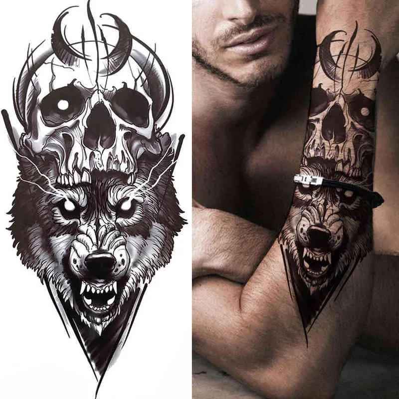 NXY Tillfällig tatuering Svart skogsklistermärke för män Kvinnor Barn Tiger Wolf Death Skull Fake Henna Skelett King Animal Tatoo 0330