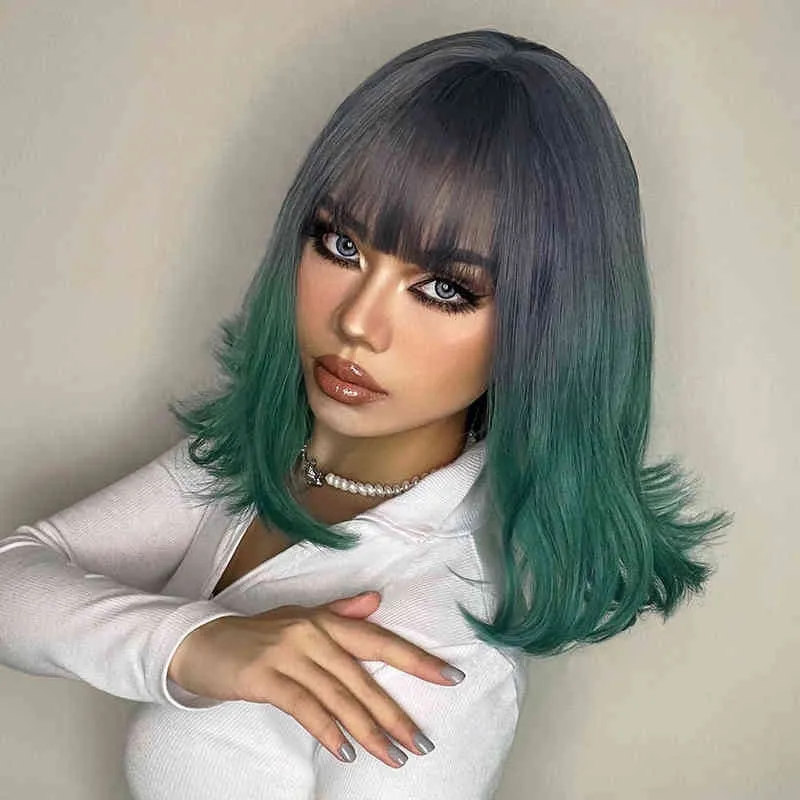 Kort bob syntetiska peruker Medium vågig ombre grå lila grönt hår peruk för kvinnor med lugg cosplay party daglig värmebeständig