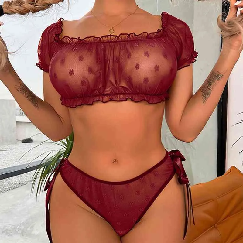 Kadın örgü bralette setleri sorunsuz şeffaf noktalar mahsul üst ve külot seti fırfır iç çamaşırı seti babydoll chemise erotik samimi l220727