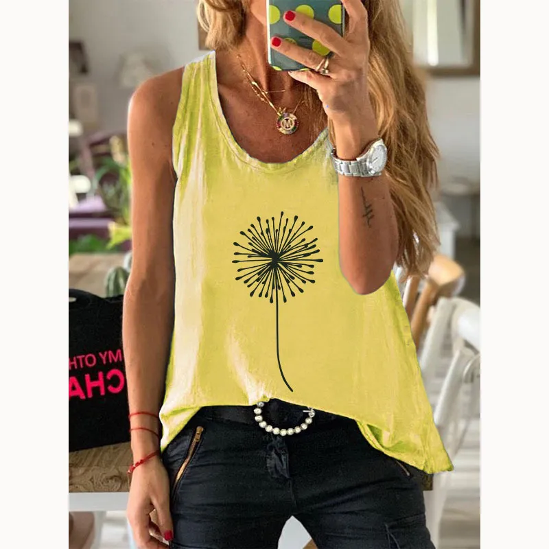 100% Bawełna Kobiety Kamizelka Lato Oversized Dandelion Drukuj Moda Harajuku Kobieta Regularne Graficzne Steebless Damska Tank Topy 220325