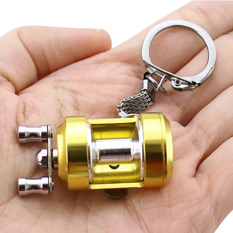 Gadgets extérieurs bobine de pêche en alliage tambour pendentif porte-clés clés anneau miniature miniature pêche en mer roule de rotation