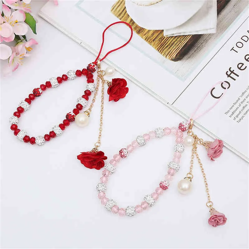 Mobile Phone Lanyard With Flower Pendant Short Hand Strap For Key/ID Card Diamond Crystal Bracelet Anti-lost Wrist Straps AA220318