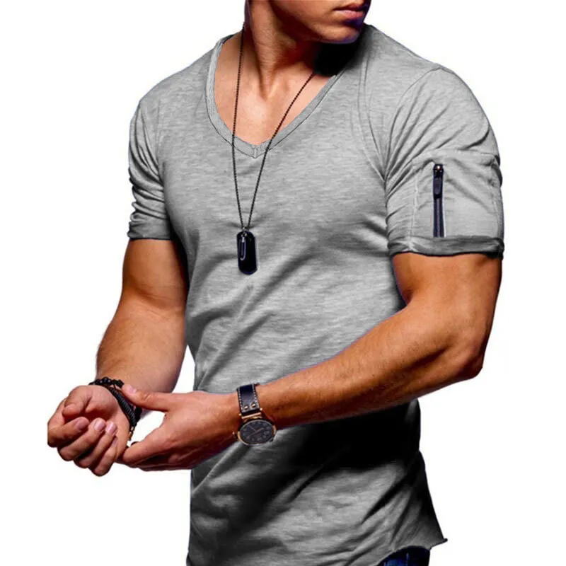 Été à manches courtes hommes col en V t-shirt Fitness Bodybulding hip hop solides hauts 220418