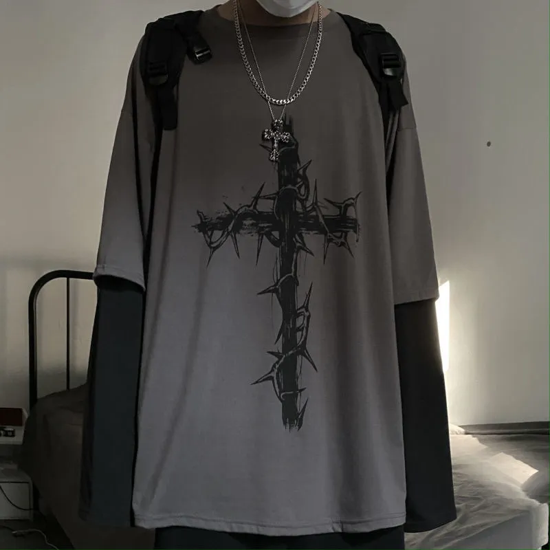 グランジ服女性秋長袖エモ Tシャツ原宿男性クロスのとげゴストップ Alt 美的ストリート Tシャツ 220525