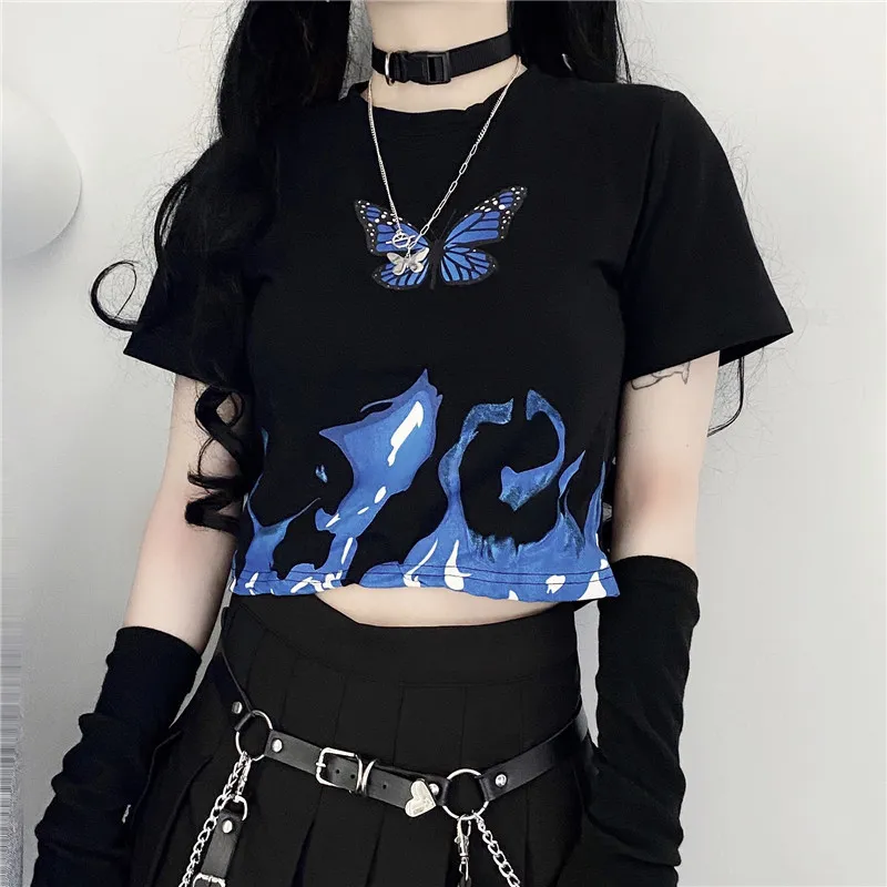 Femme T petit haut punk t-shirt vêtements courts vintage papillon Harajuku manches goutte produit chemise vêtements végétalien 220602