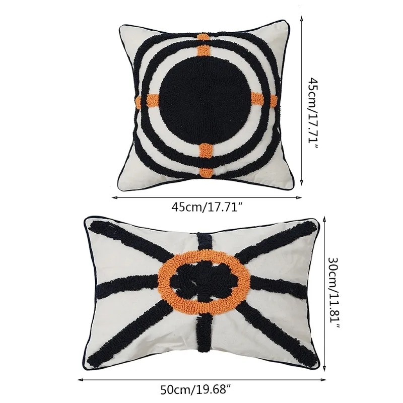 Taie d'oreiller touffetée tissée de Style ethnique Boho, broderie 3D, motif géométrique noir et Orange, housse de coussin décorative f CX220331316R