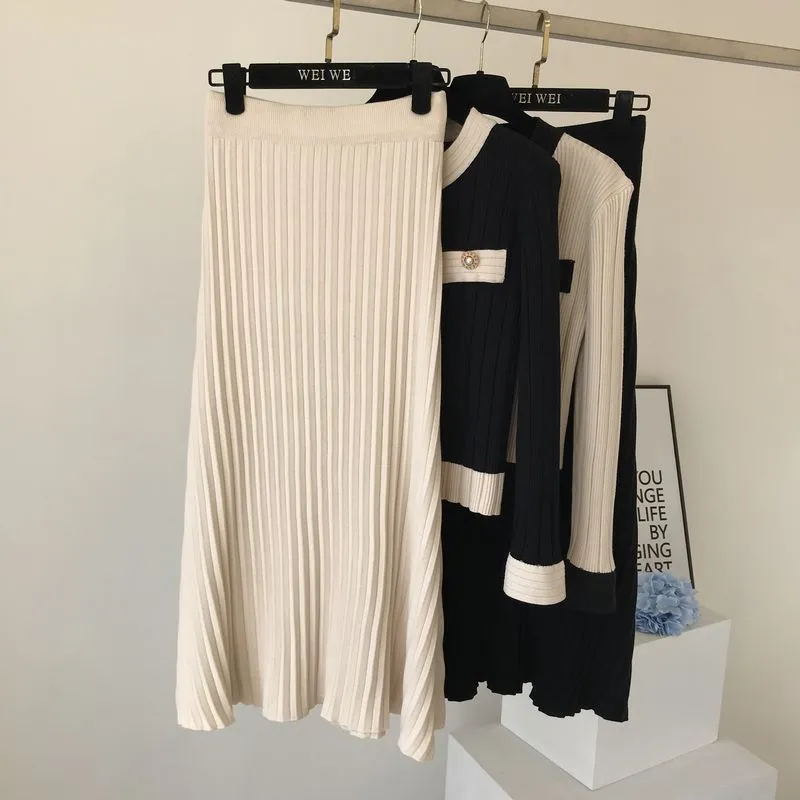 High Quality Spring Fall Knit Set Women Office Lady Single Breasted Sweater Cardigan + Pleated Long Skirt Suit Sets 220513