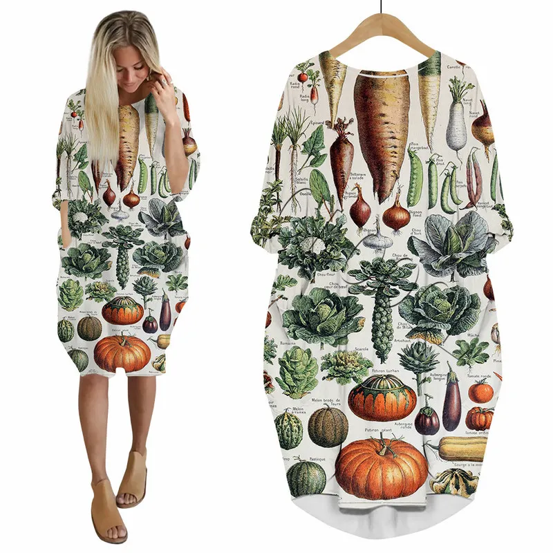 빈티지 야채 버섯 3D 프린트 드레스 캐주얼 여성 드레스 포켓 파티 의류 Longsleeve 여성 드레스 W220617