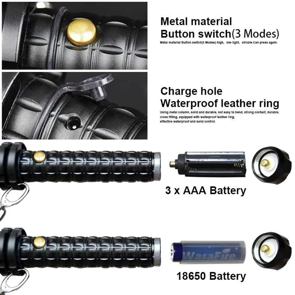 強力なズーム可能なXML Q5 LED望遠鏡の自己防衛スティック戦術バトン充電式フラッシュトーチ186502478297Eセット