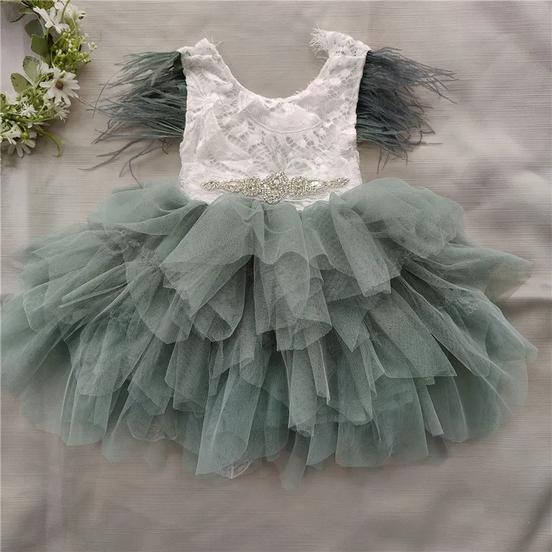 Princess baby feather dress 1st birthday party toddler girls lace flying sleeve summer kids tutu clothing with sashes 220426