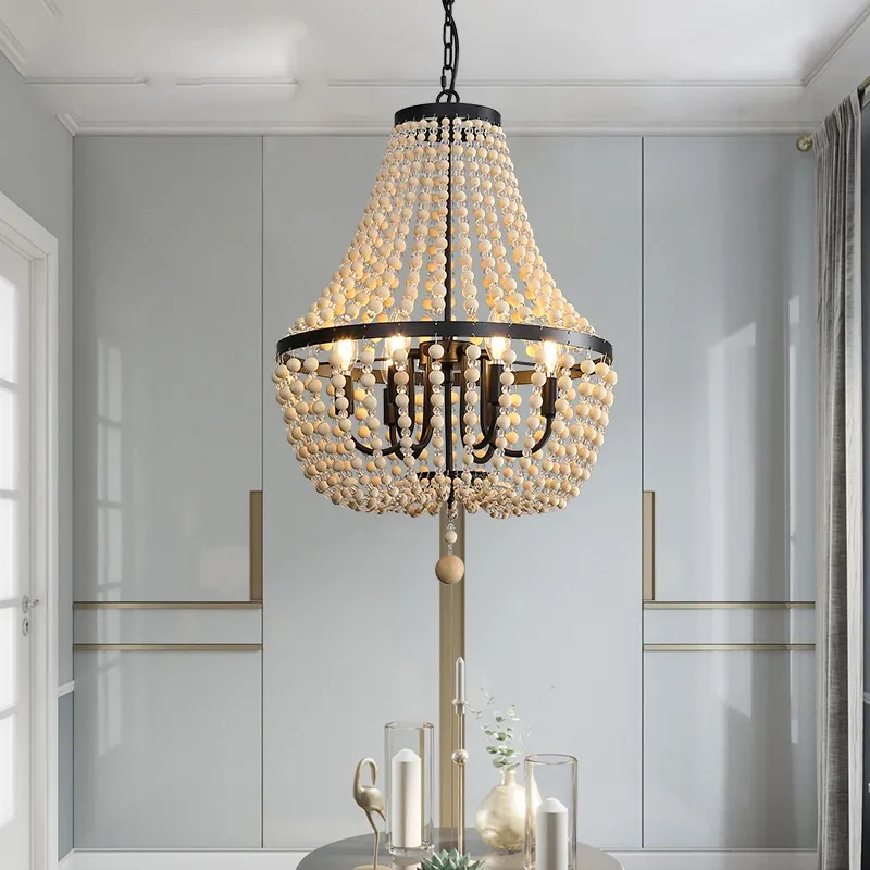 Lampe à suspension en perles de bois pour jardin français, luminaire décoratif d'intérieur, idéal pour un salon, une princesse européenne, une chambre d'enfant, 192c