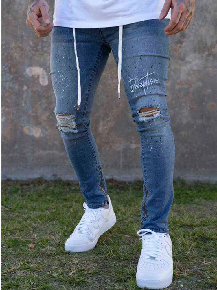 Men's Jeans Skinny Destroyed Ripped Broken Punk Pants Homme Hip Hop JeansFashion Streetwear Vintage Blue Gray White Color G0104