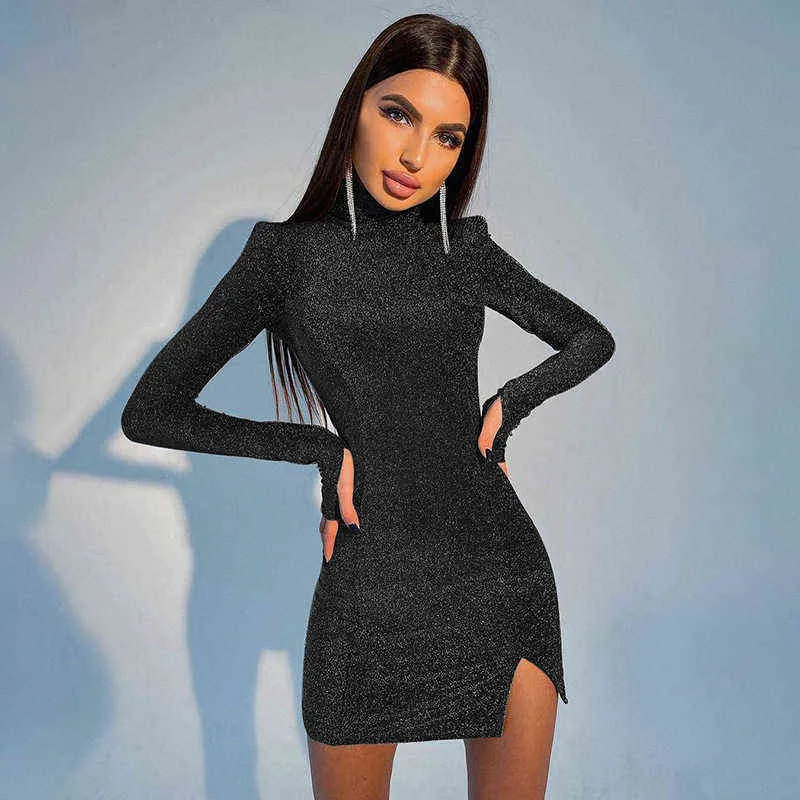 Vestido femenino cuello alto brillante seda hendidura de punto mini vestidos ajustados de manga larga para mujeres 2022 primavera otoño sexy club ropa y220413