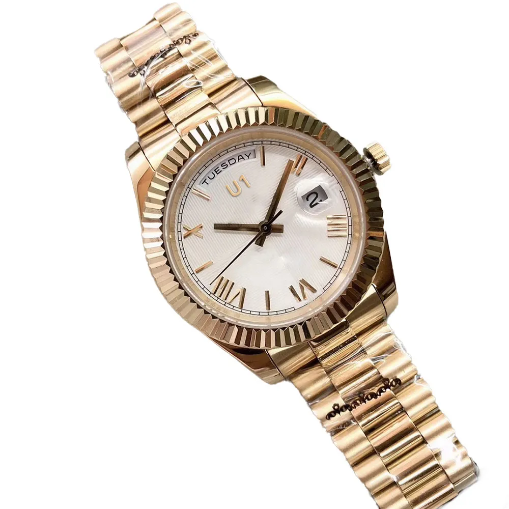 Наружные автоматические механические мужские часы, 40 мм, белый циферблат, фиксированный рифленый безель и золотой браслет из нержавеющей стали249K