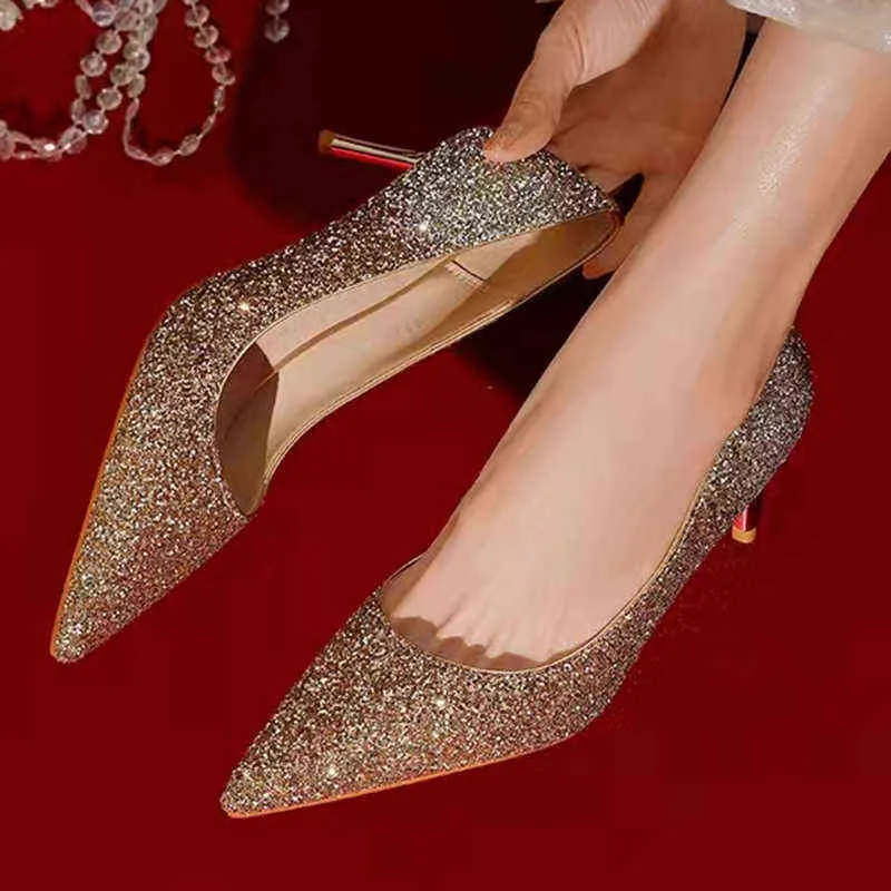 Scarpe eleganti Décolleté glitter oro rosa di lusso le donne Festa nuziale Tacchi alti Paillettes Donna Elegante naso a punta Donna 220416