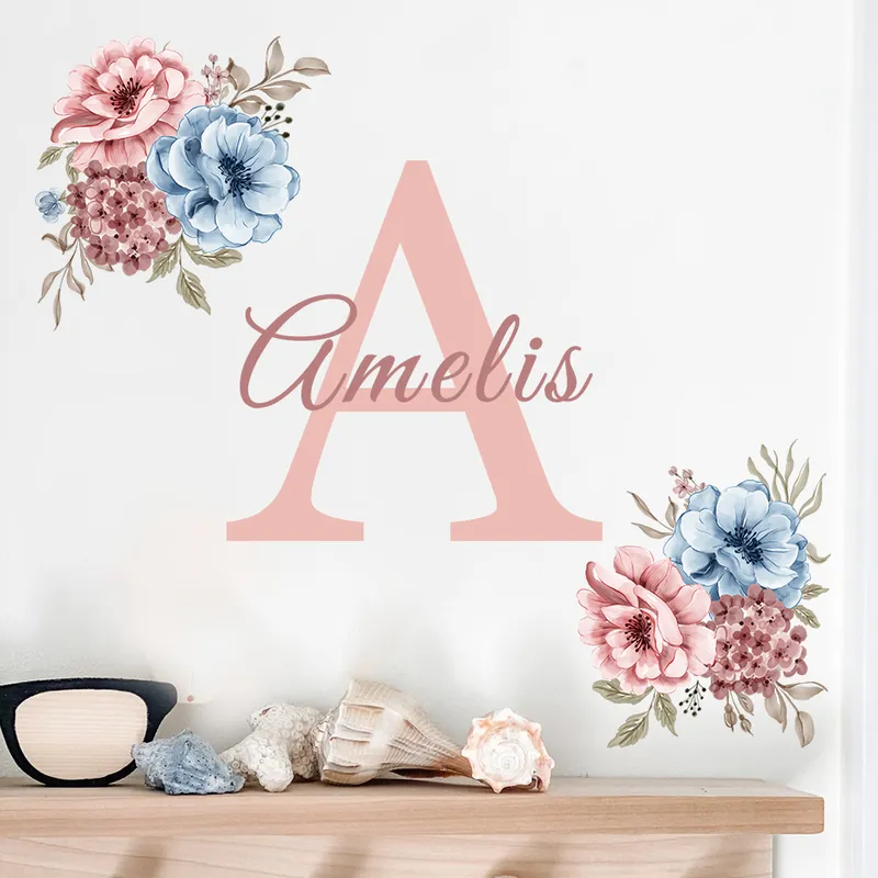 Nom initial personnalisé pivoines roses aquarelle autocollant mural filles chambre décor vinyle bricolage stickers muraux pépinière intérieur décoration de la maison 220613