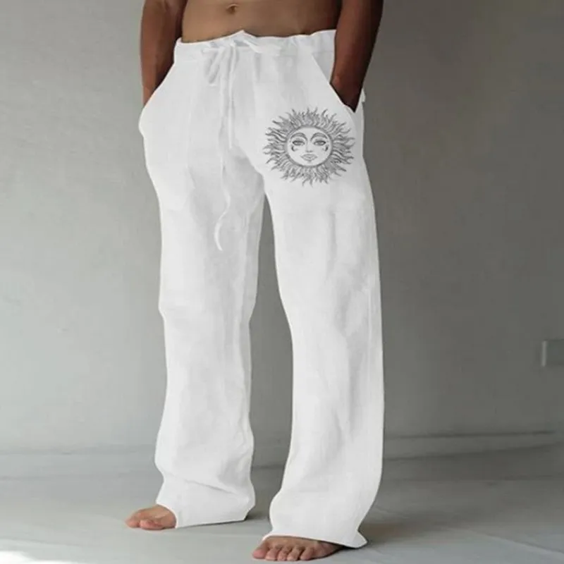 Mens Casual sweatpants Sun Flower Print Full Length Pants Pocket Drawstring Linen Trousers Men 220707
