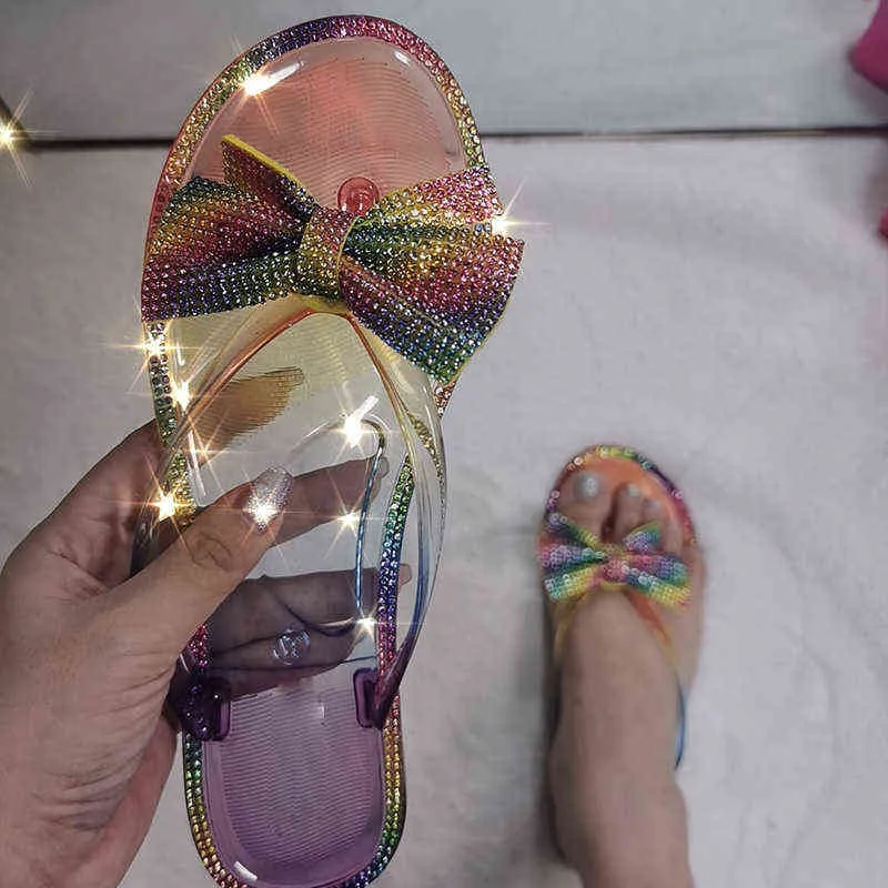 Летние женские тапочки женские туфли кристалл милый лук плоский каблук женские флопцы красивые женщины Beac летние сандалии Y220412