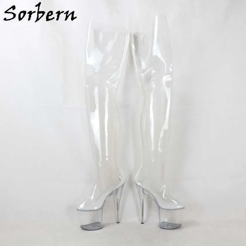 Sorbern bottes transparentes transparentes chaussures fétichistes Sexy sur le genou bottes hautes unisexe 20Cm talon/9Cm plate-forme chaussures pour femmes