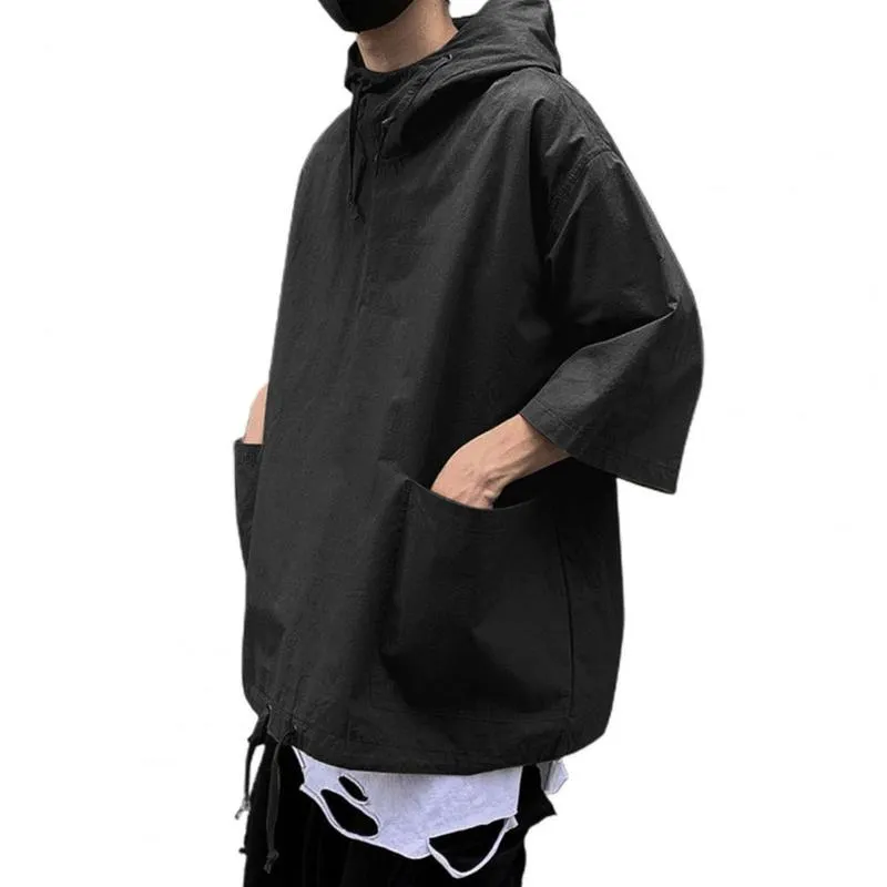 Hooded T shirt Men Summer Korean Half Sleeve Pullover Top Soft Large Pockets Loose Men Tshirt Streetwear 220607