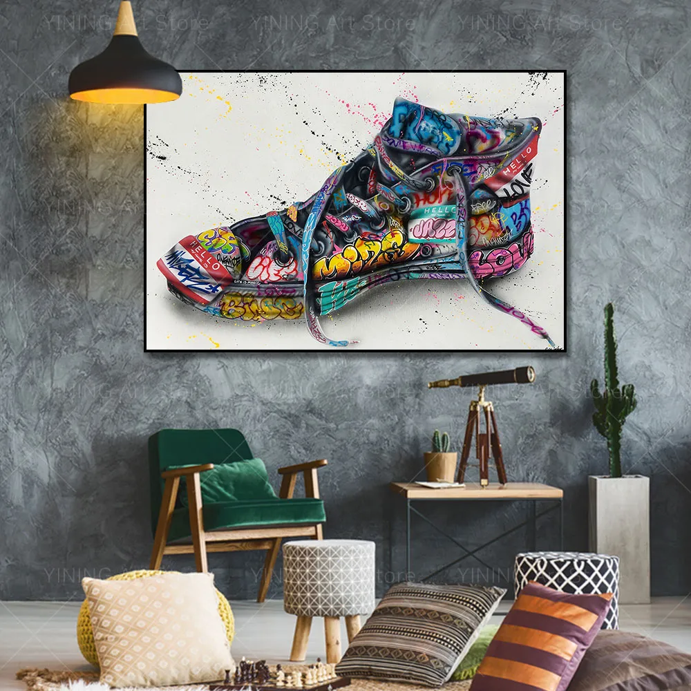 Schuhe malen moderne Graffiti Street Art Canvas Malerei Poster Print Wandkunst Bild für Wohnzimmer Wohnkultur framlos