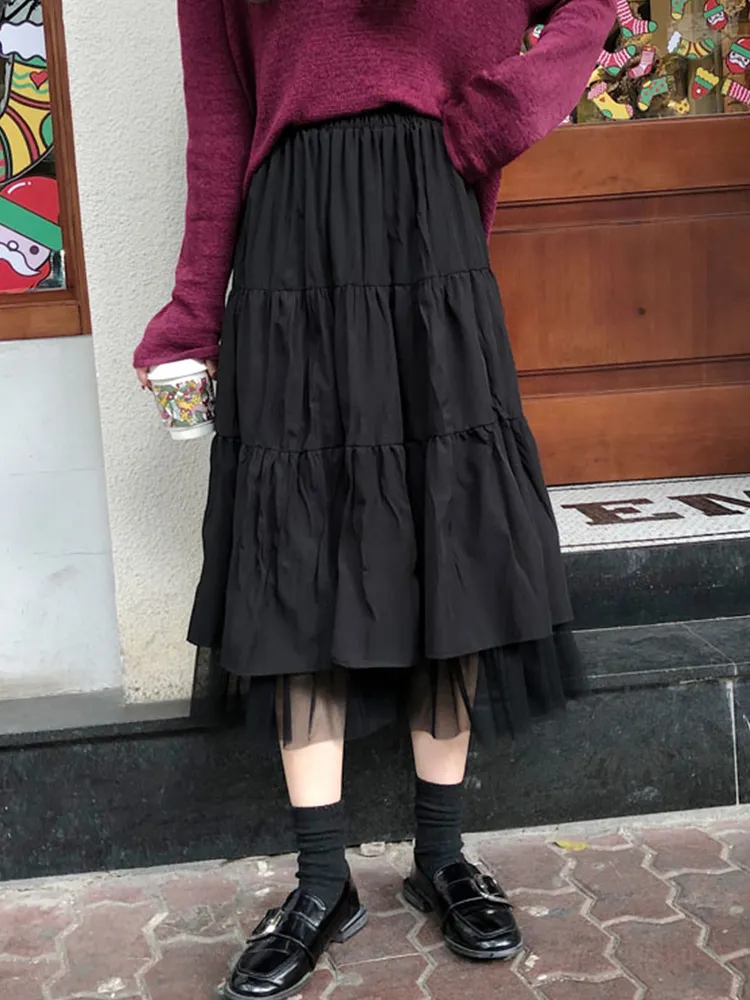 Boho jupe longue pour femmes Harajuku Style coréen blanc noir Maxi adolescents taille haute école s 220317