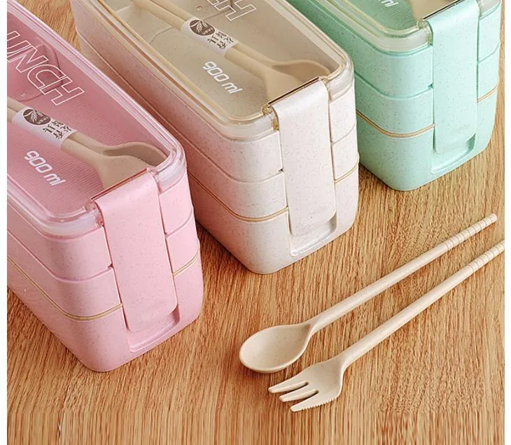 2022 Lunch Box 3 Grid Wheat Straw Bento Transparent Lid Food Container For Work Travel Portable Student Lunch Boxes Containers