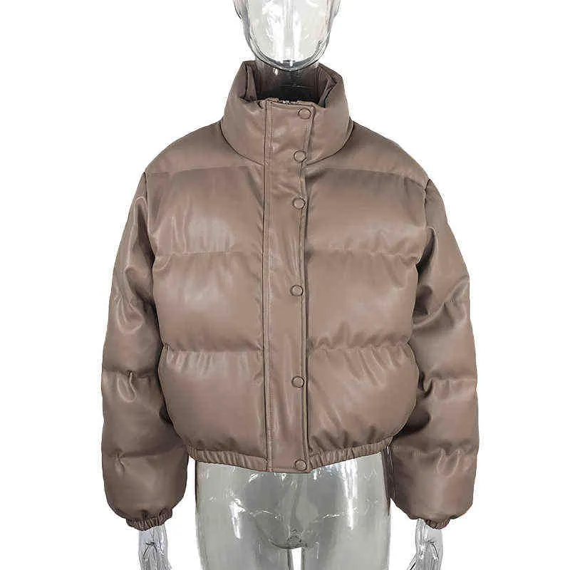Moda donna colletto alla coreana giacche in pelle pu nera 2021 inverno spesso caldo corto parka giacche in cotone con cerniera elegante giacca femminile L220725