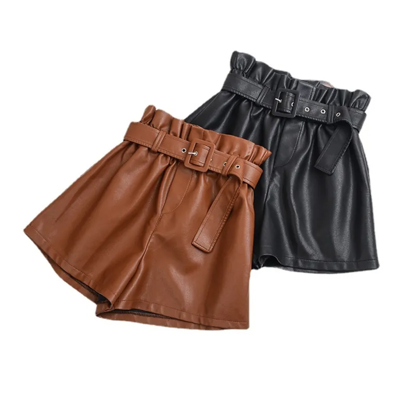 Women Faux Leather Shorts Vintage High Waist Female Shorts AllMatch Solid Color Loose Casual Shorts 220611