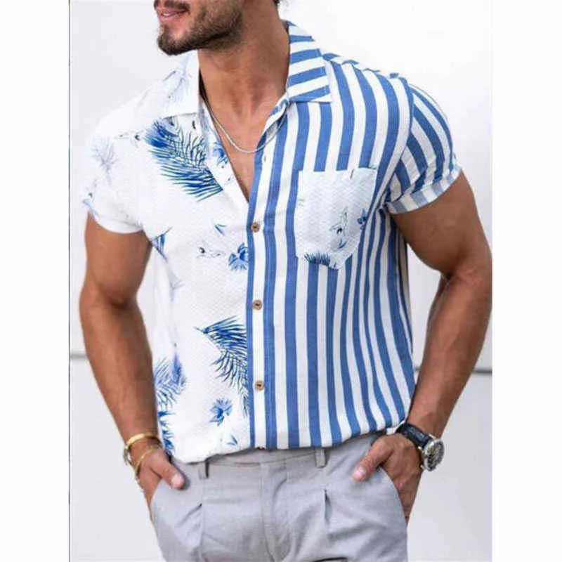 Herrenhemden Sommer Mode Trend Gestreiften Blumenkontrast Spleißen Gedruckt Hawaiianer Strandurlaub Freizeit Kurzarm Hemden Y220420