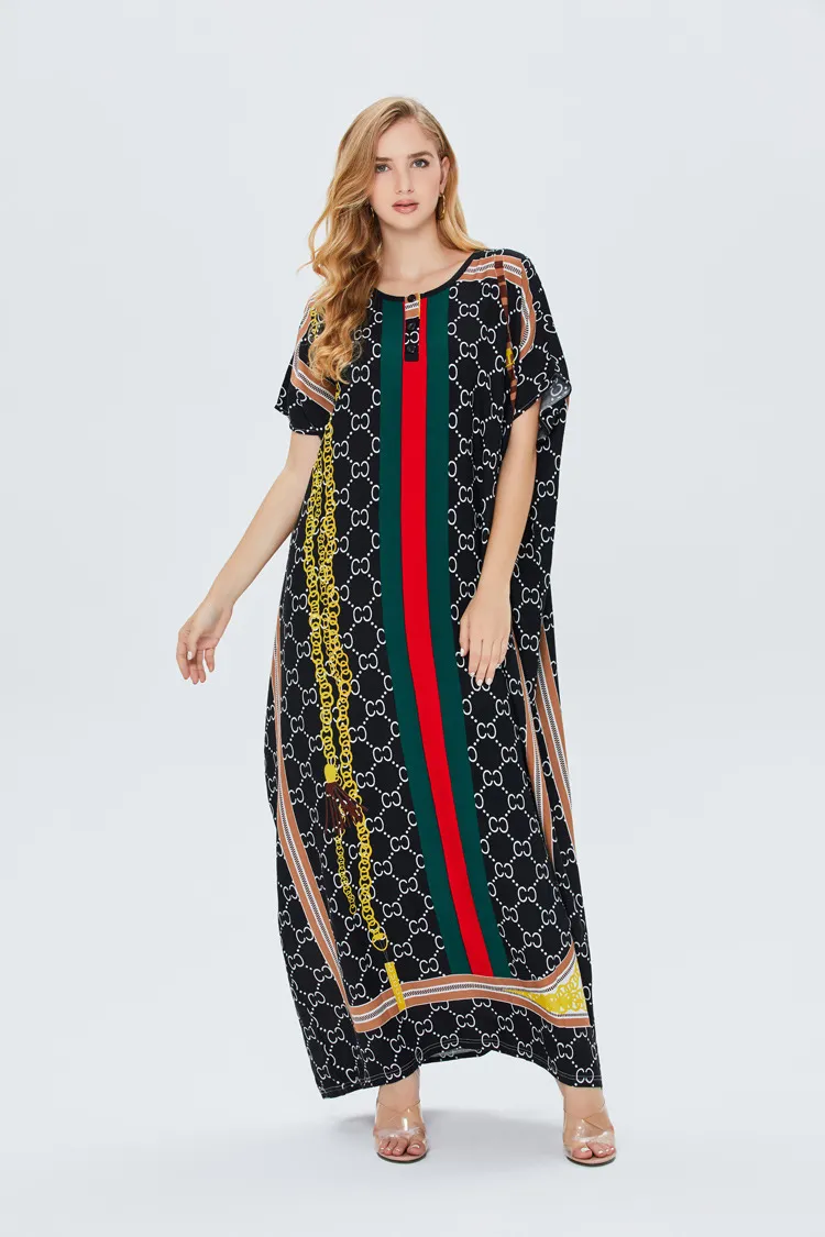 Lange moslim modejurk met dames plus size patchwork casual losse losse korte mouw oneck maxi jurk vrouwelijk Arabisch gewaad 220527
