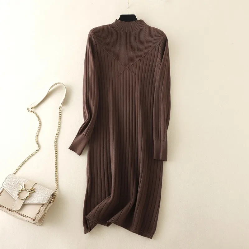 HLBCBG Chic Długie dzianiny Maxi Kobiety Sweter Sukienka Gruba Ciepła Zimowa Plisowana Sukienka Żeberka Turtleneck A Line Sukienka Office Lady 220317