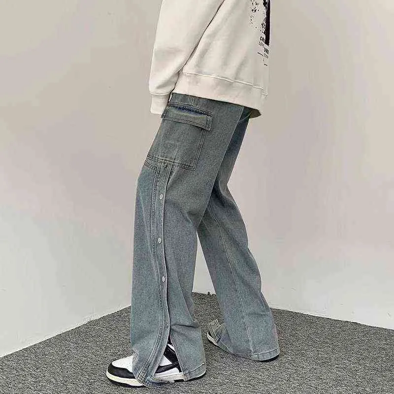 Vêtements de travail Jean utilitaire pour hommes Style Y2K unisexe boutons latéraux amples fendus Couples Denim pantalon à jambes larges Vaqueros T220726221I