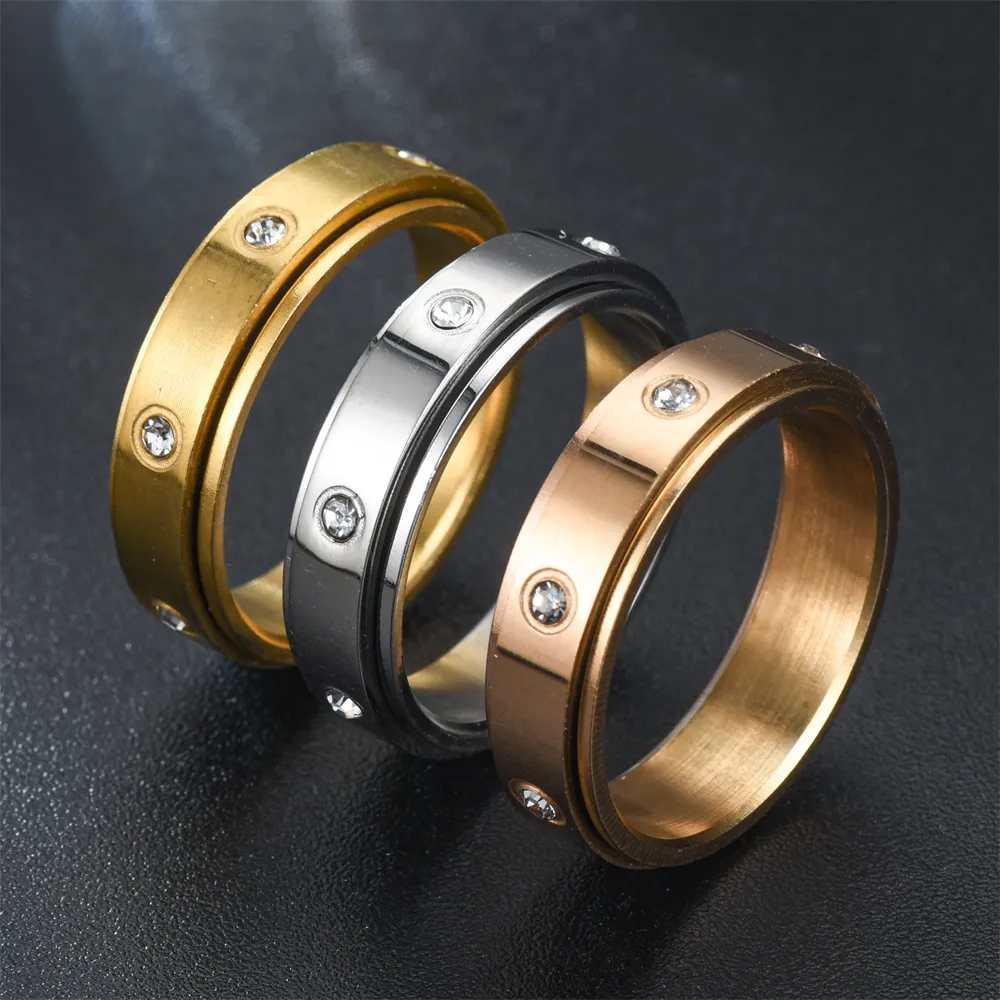 Roteerbare roestvrijstalen ring zirkoon stress reliever rings angst spinner ringen band voor vrouwen mannen mode sieraden wil en sandy