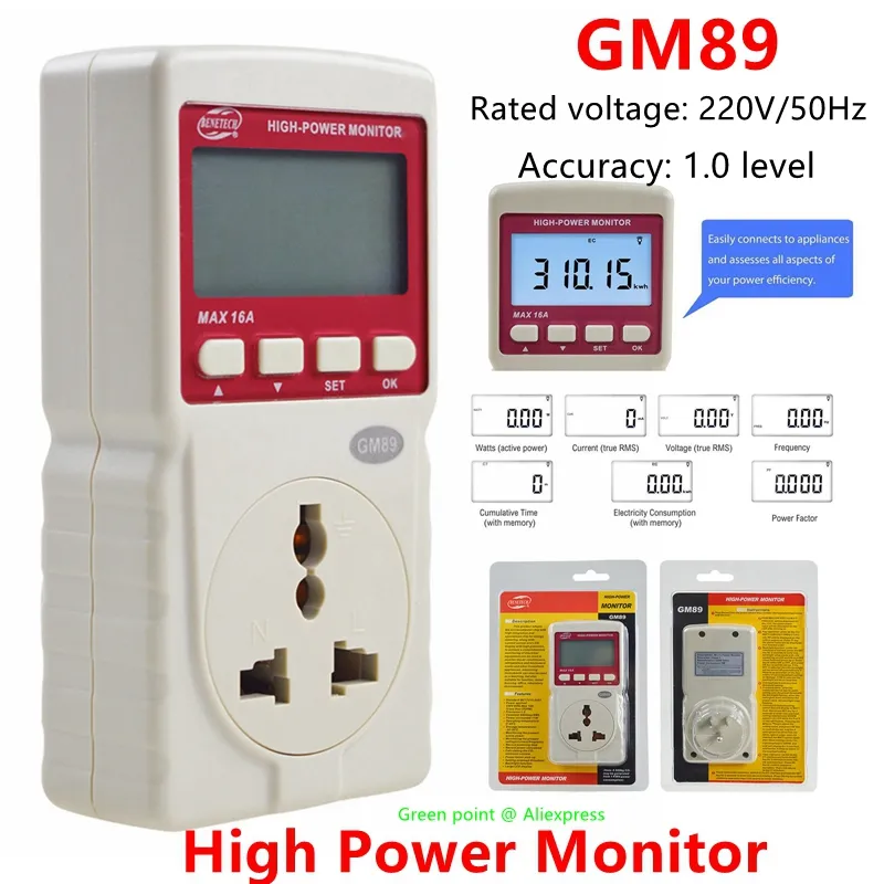 16A Version av Miniatur Digital High Power Monitor GM89 AC220V 50Hz Engine Meter Watt Tester Endast EU / US-kontakt med LCD-skärmar