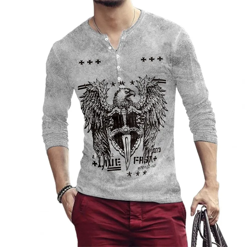 Personalizzato Primavera Autunno T-shirt da uomo Skull Vintage 3D stampato abiti oversize con scollo a V bottoni manica lunga T-shirt maschile Drop 220619
