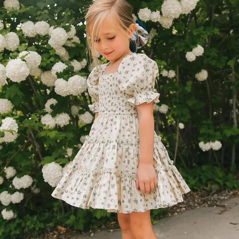 Short Sleeve Dress for Girl Polka Dot Kids Floral Evening Party Dresses Children Clothing Girls Birthday Smocked Vestidos 3-8T 220422