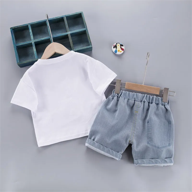 Summer Children Out Clothes Baby Boy cartoon O-Neck T Shirt denim Shorts /sets Infant Outfit Kids Fashion Toddler Tracksuit 220507