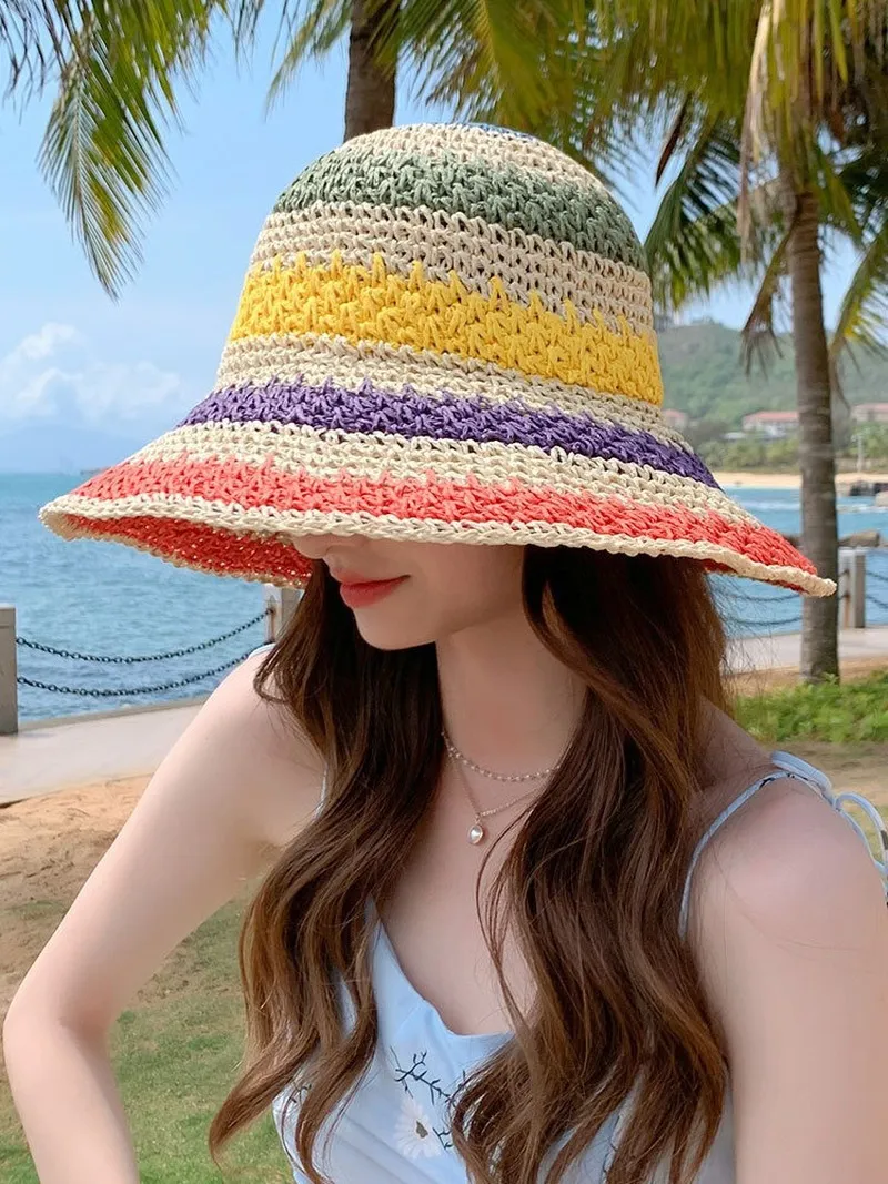 Femme Soleil Paille à la main arc-en-ciel à rayures Crochet Beach Boho Bucket Bucket 220727