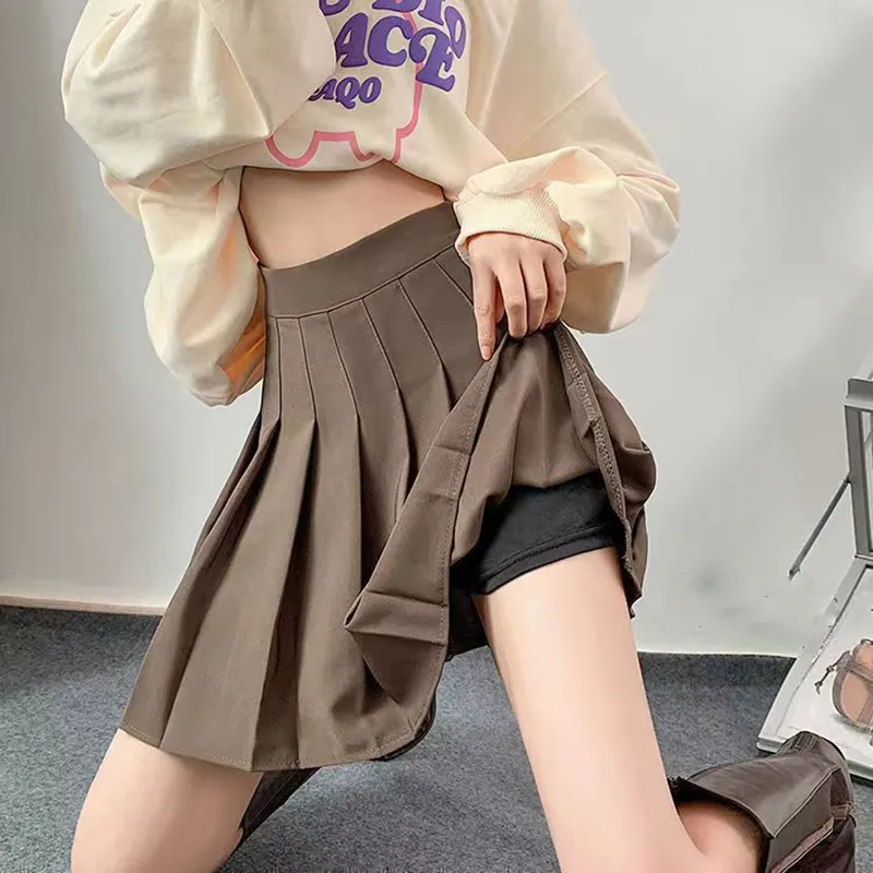 Lucyever Solid Color Pleated Skirts Women Fashion High Waist Preppy Style Mini Skirt Womens Korean Chic Street Aline Skirt XXL 220701