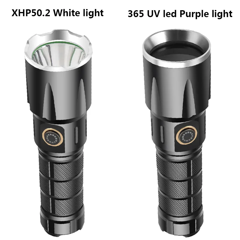 Ny UV 365 Purple LED -ficklampa USB -uppladdningsbar 18650 eller 26650 Batteris Power Bank XHP50.2 White Light Torch Lantern Yunmai