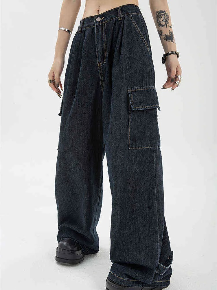 Синий многосайно-карманный джинсовые брюки Женские летние новая ретро-ретро-американский дизайн высокий талию с прямой широкой ногой джинсы T220728