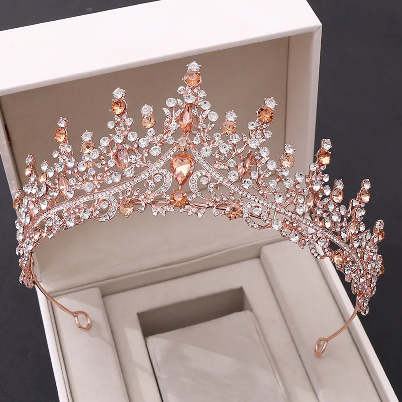 Barokke retro rose goud perzik kristal bruids tiaras kroon steentjes spectakel prom diadeem bruid hoofdband bruiloft haaraccessoires 220804