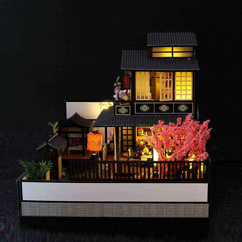 Nouvelle Architecture bricolage maisons de poupée en bois avec Sakura assemblé Miniature avec meubles maison de poupée jouets pour cadeau