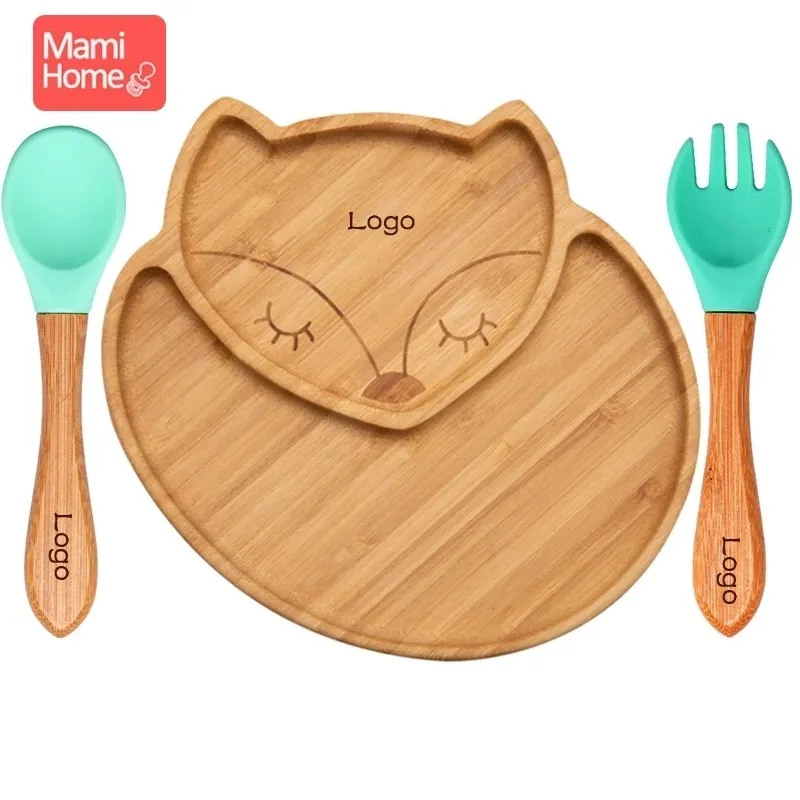 Custom Baby Feeding Food Plates Bamboo Plate Sheep Waterproof Silicone Fork Spoon BPA Free Tableware Children s tableware 220708