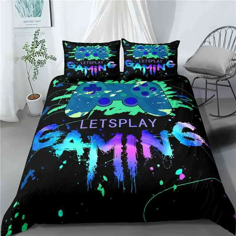 Set copripiumino da gioco Gamer Room Decor ragazzi Bambini Adolescenti Videogiochi Biancheria da letto doppia Gamepad Trapunta con motivo giochiamo