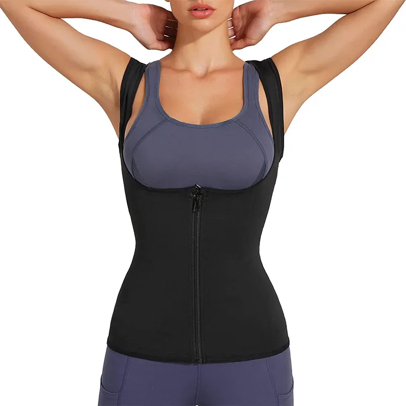 Kvinnor Bastu Shaper Vest Thermo Sweat Shapewear Tank Top Slimming Vest Midje Trainer Corset Gym Fitness Workout Zipper Shirt 220801
